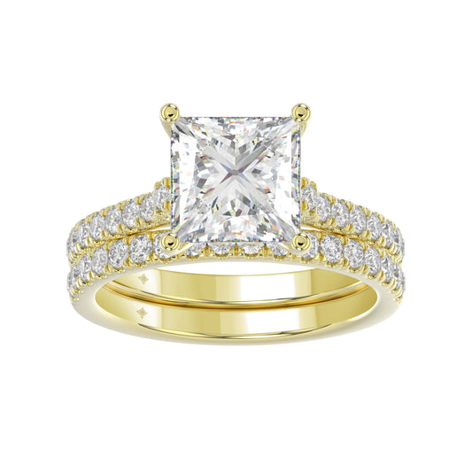 3.55Ctw 14K Yellow Gold Rd/Princess Cut Lab Grown Diamond Engagement Ring Set Size7 3.4Dwt