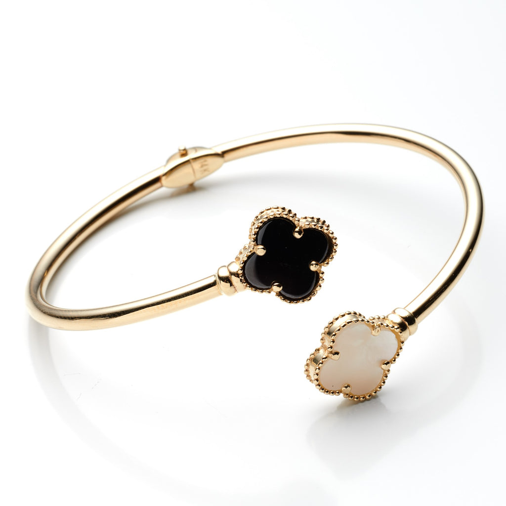 14K Yellow Gold Hinges  Black & Mother Of Pearl Flowers Bangle 5.8Dwt
