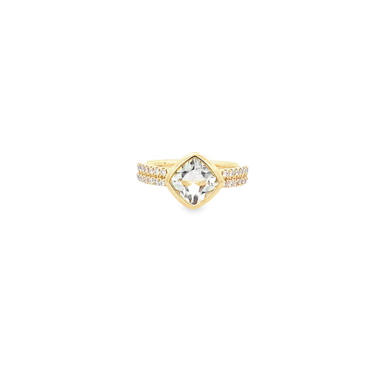 1.46Geamcu/ 0.26Ctw Dird 14K Yellow Gold Green Amethyst & Dia Ring Size 7 2.5Dwt