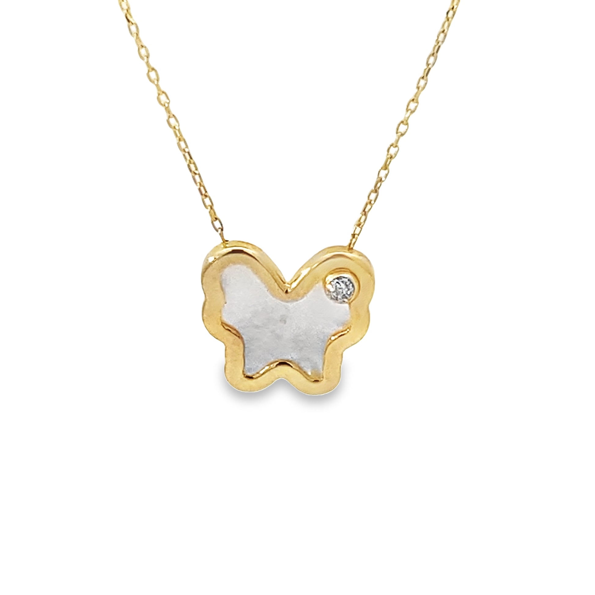14K Yellow Gold Mother Of Pearl Butterfly Necklace 18In