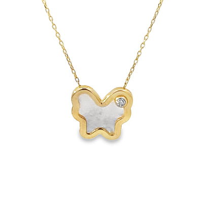 14K Yellow Gold Mother Of Pearl Butterfly Necklace 18In