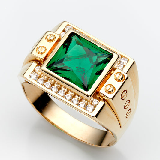 10K Yellow Gold Square Green Stone Ring Size12 6.8Dwt
