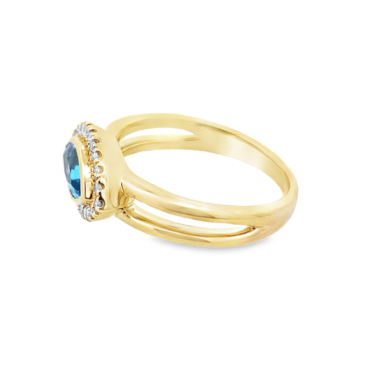 0.90Btmq/ 0.14Ctw Dird 14K Yellow Gold Blue Topaz & Dia Ring Size 7 2.9Dwt