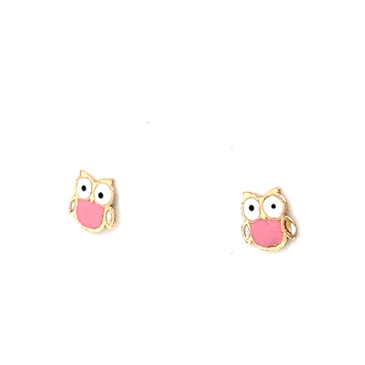 14K Yellow Gold Baby Pink & White Owl Stud Earrings
