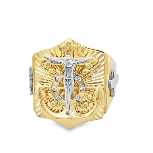 10K Two Tone Gold Anchor W/ Christ Mens Ring Size 11 7.0Dwt