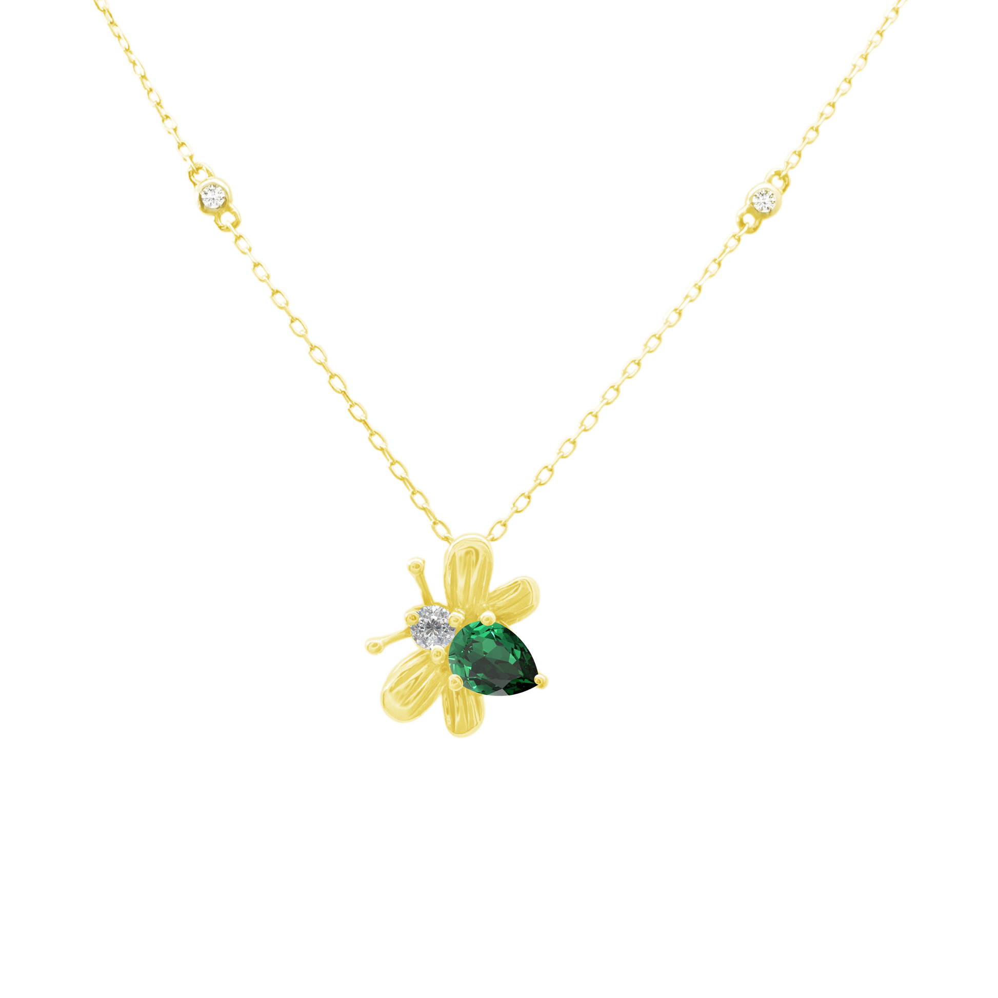 0.07Ct Dia 0.31Ct Em 14K Yellow Gold Dia & Emerald Bee Pendant Necklace 18In 1.1Dwt