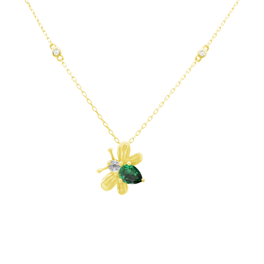 0.07Ct Dia 0.31Ct Em 14K Yellow Gold Dia & Emerald Bee Pendant Necklace 18In 1.1Dwt