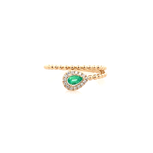 0.18 Ctw Empr/0.08Dird 14K Yellow Gold  Emerald Pear Cut & Diam Ring Size 7 1.8Dwt