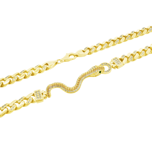 10K Yellow Gold Cz Snake Style Hollow Cuban Link Necklace 18In 14.9Dwt