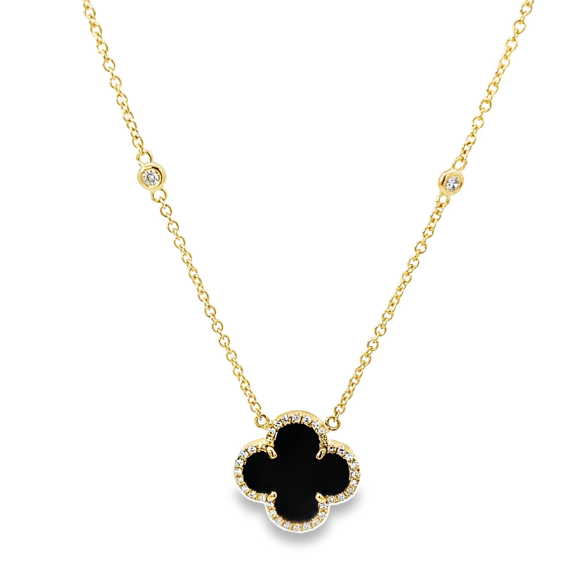 0.17Ctw Diamond 1.82Ctw Onyx 14K Yellow Gold Flower Necklace 18In 2.1Dwt
