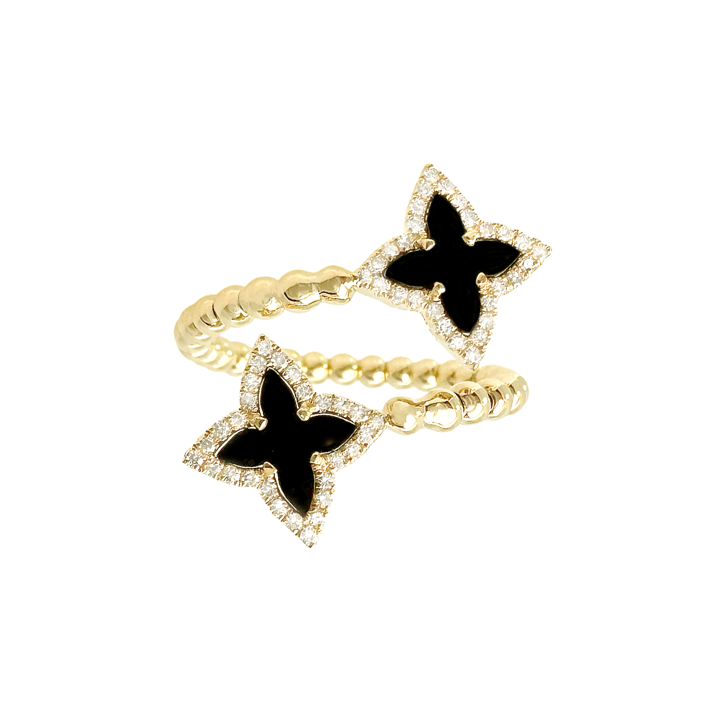 0.20Ctw Diamond 1.05Ctw Onyx 14K Yellow Gold Flower Bypass Ring Size 7 1.8Dwt