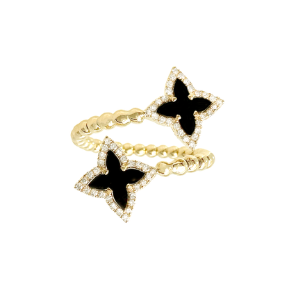 0.20Ctw Diamond 1.05Ctw Onyx 14K Yellow Gold Flower Bypass Ring Size 7 1.8Dwt