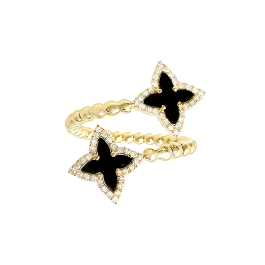 0.20Ctw Diamond 1.05Ctw Onyx 14K Yellow Gold Flower Bypass Ring Size 7 1.8Dwt