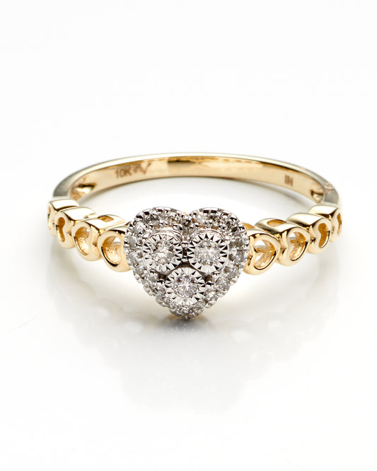0.12Ctw 10K Yellow Gold Diamond Ladies Heart Ring Size 7 1.3Dwt