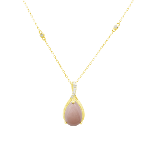 0.05Ct Dia 1.43Ct Po 14K Yellow Gold Pink Opal  & Dia Pendant Necklace 18In 1.3Dw