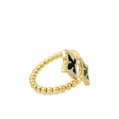 0.20Ctw Diamond 1.06Ctw Onyx 14K Yellow Gold Flower Bypass Ring Size 7 2.0Dwt