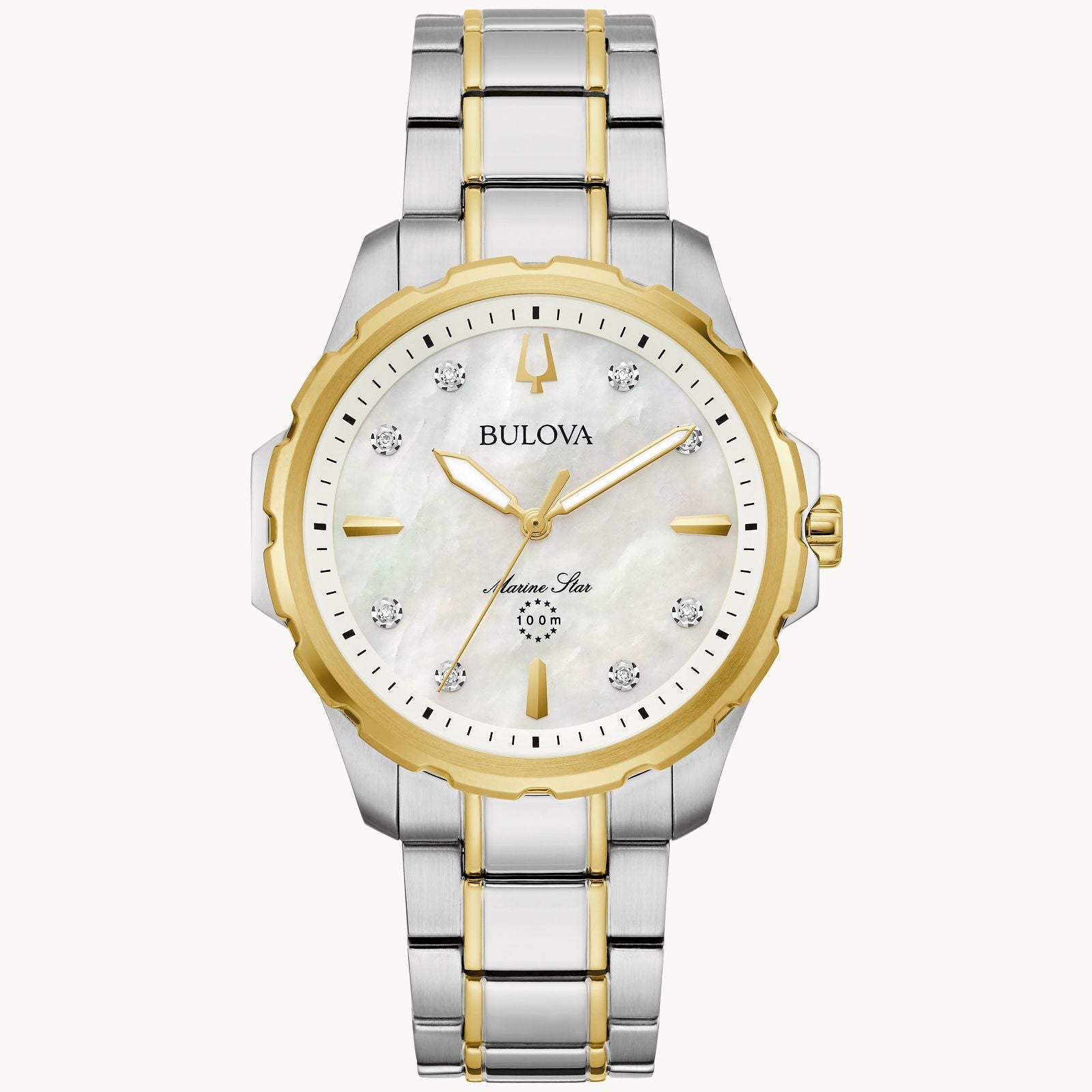 Bulova Marine Star Ladies Watch (98P227) Two Tone Mother Of Pearl Dial Diamond Markers