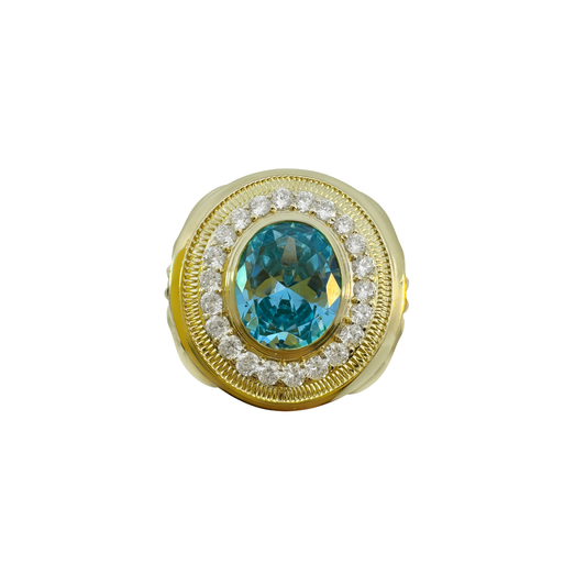 10K Yellow Gold Cz & Blue Stone Fashion Mens Ring Size 11.5 9.7Dwt