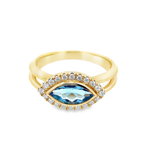 0.90Btmq/ 0.14Ctw Dird 14K Yellow Gold Blue Topaz & Dia Ring Size 7 2.9Dwt