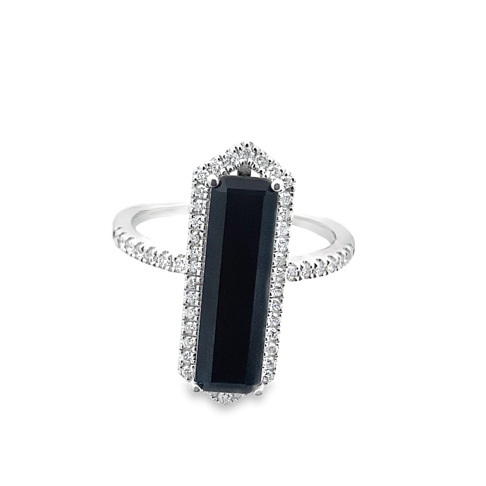 2.82 Bagt/0.34 Ctw Dird 14K White Gold Black Agate & Dia Ring Size 7 2.5Dwt