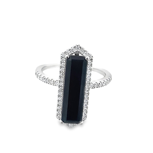 2.82 Bagt/0.34 Ctw Dird 14K White Gold Black Agate & Dia Ring Size 7 2.5Dwt