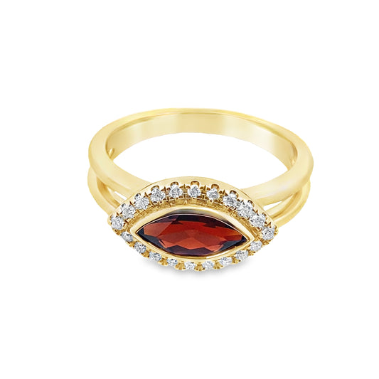 0.97 Gamq/0.14Ctw Dird 14K Yellow Gold Garnet & Dia Ring Size 7 2.9Dwt