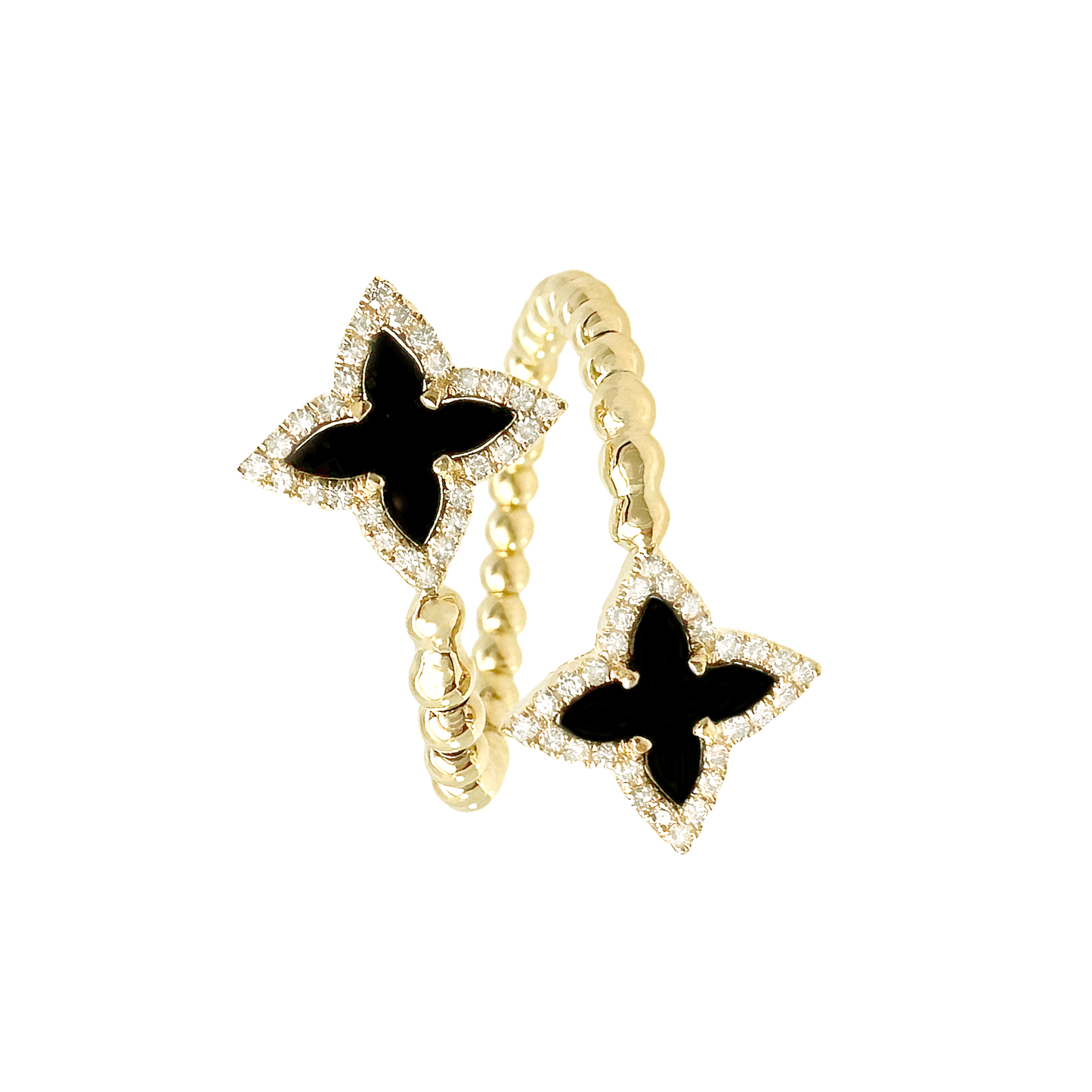 0.20Ctw Diamond 1.05Ctw Onyx 14K Yellow Gold Flower Bypass Ring Size 7 1.8Dwt