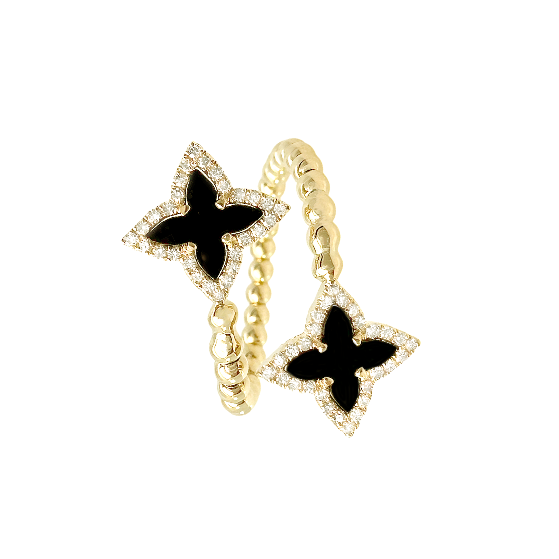 0.20Ctw Diamond 1.05Ctw Onyx 14K Yellow Gold Flower Bypass Ring Size 7 1.8Dwt