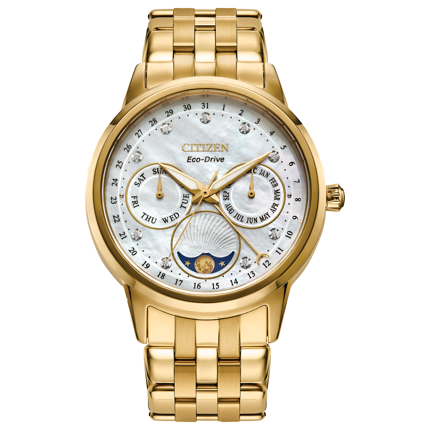 Citizen Calendrier Eco Drive Ladies Watch (Fd0002-57D) Gold Tone Mother Of Pearl Dial