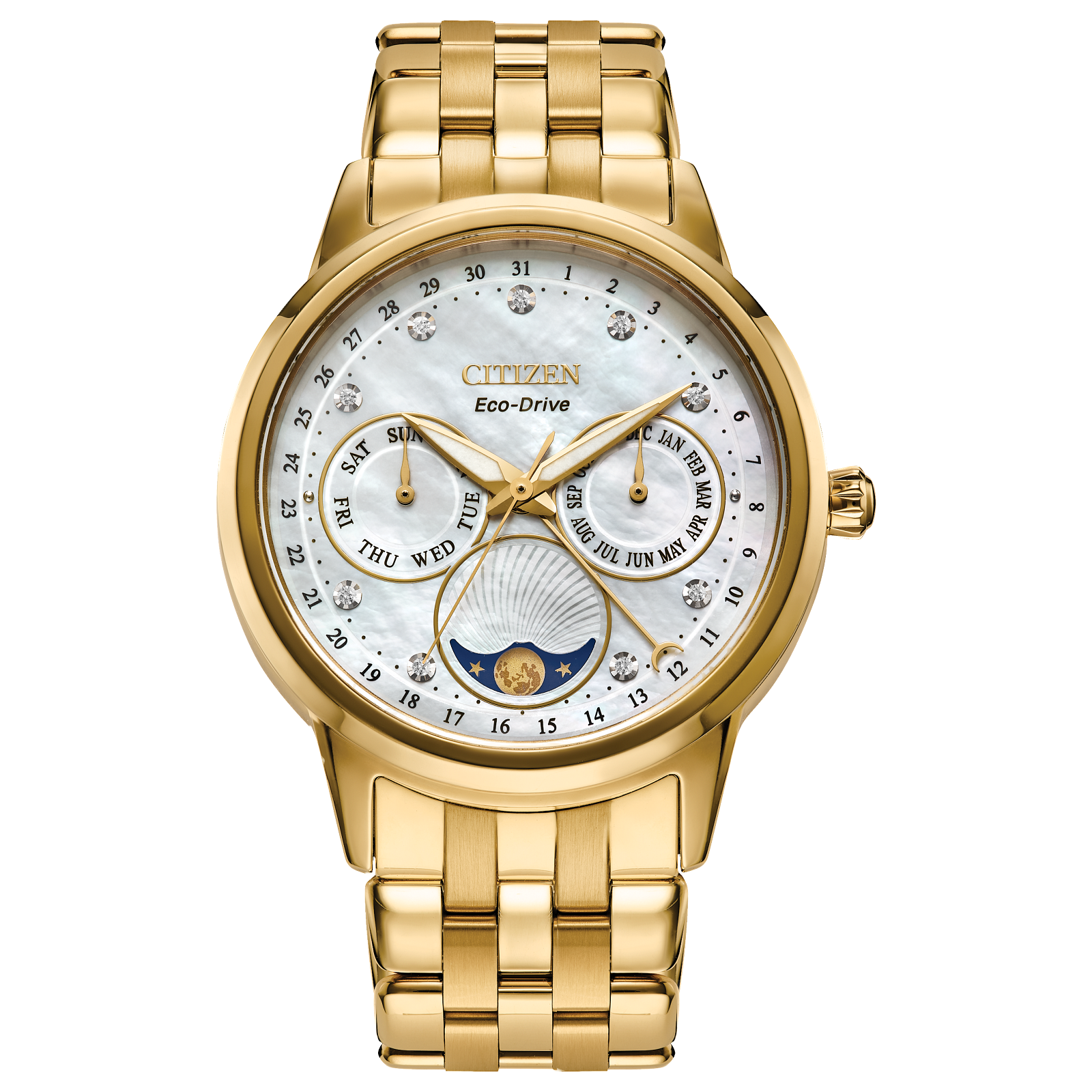 Citizen Calendrier Eco Drive Ladies Watch (Fd0002-57D) Gold Tone Mother Of Pearl Dial