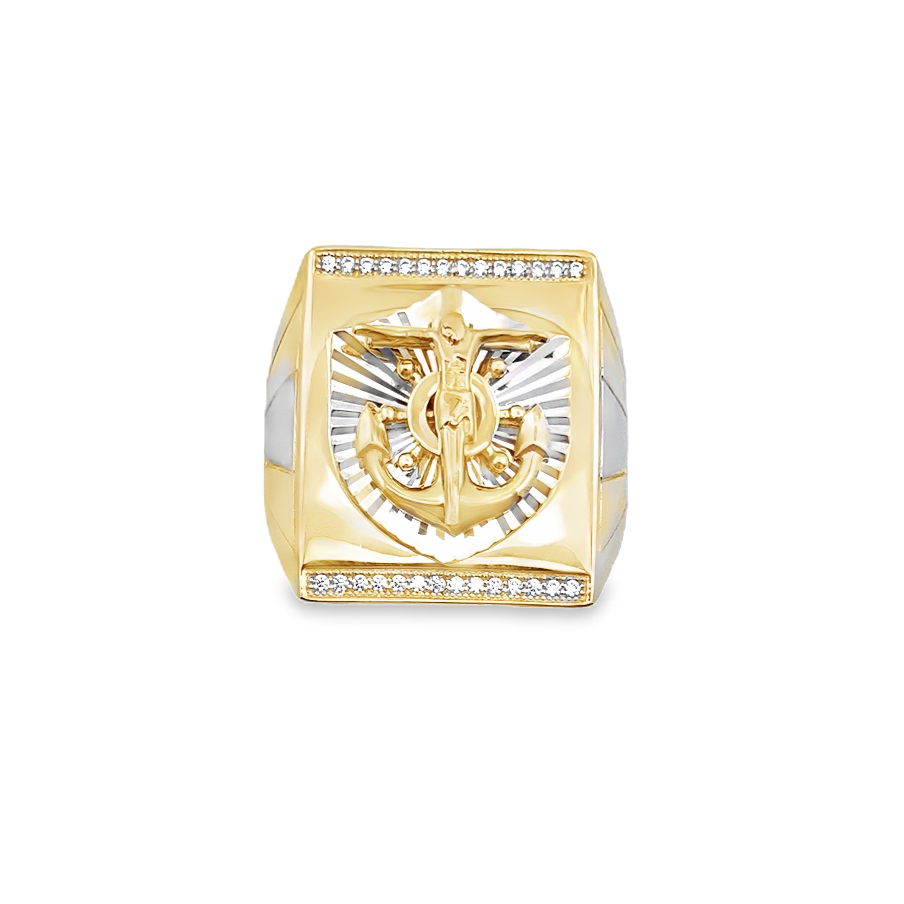 10K Two Tone Gold Anchor W/ Christ Mens Ring Size 12 7.0Dwt
