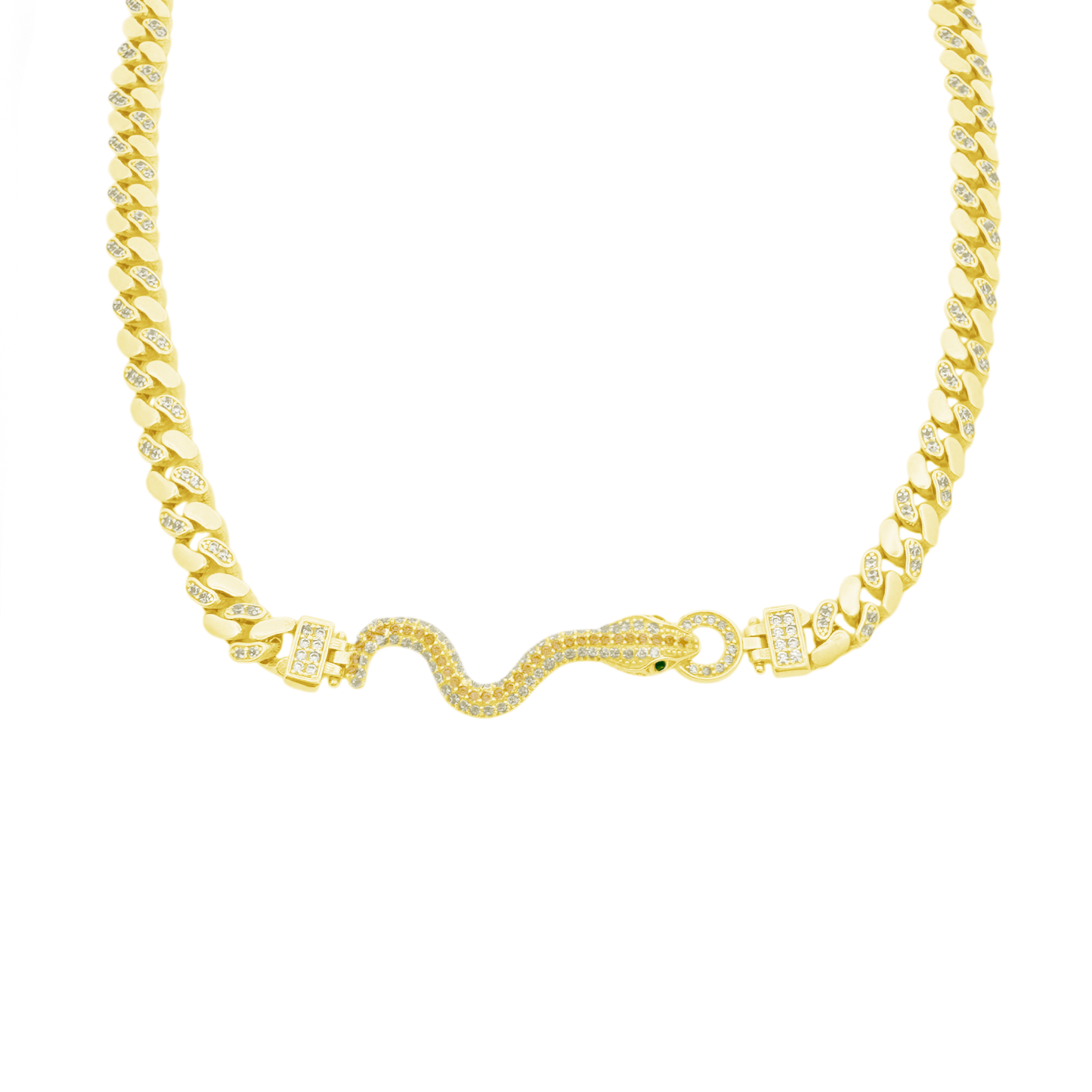 10K Yellow Gold Cz Snake Style Hollow Cuban Link Necklace 18In 14.9Dwt