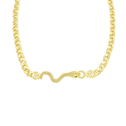 10K Yellow Gold Cz Snake Style Hollow Cuban Link Necklace 18In 14.9Dwt