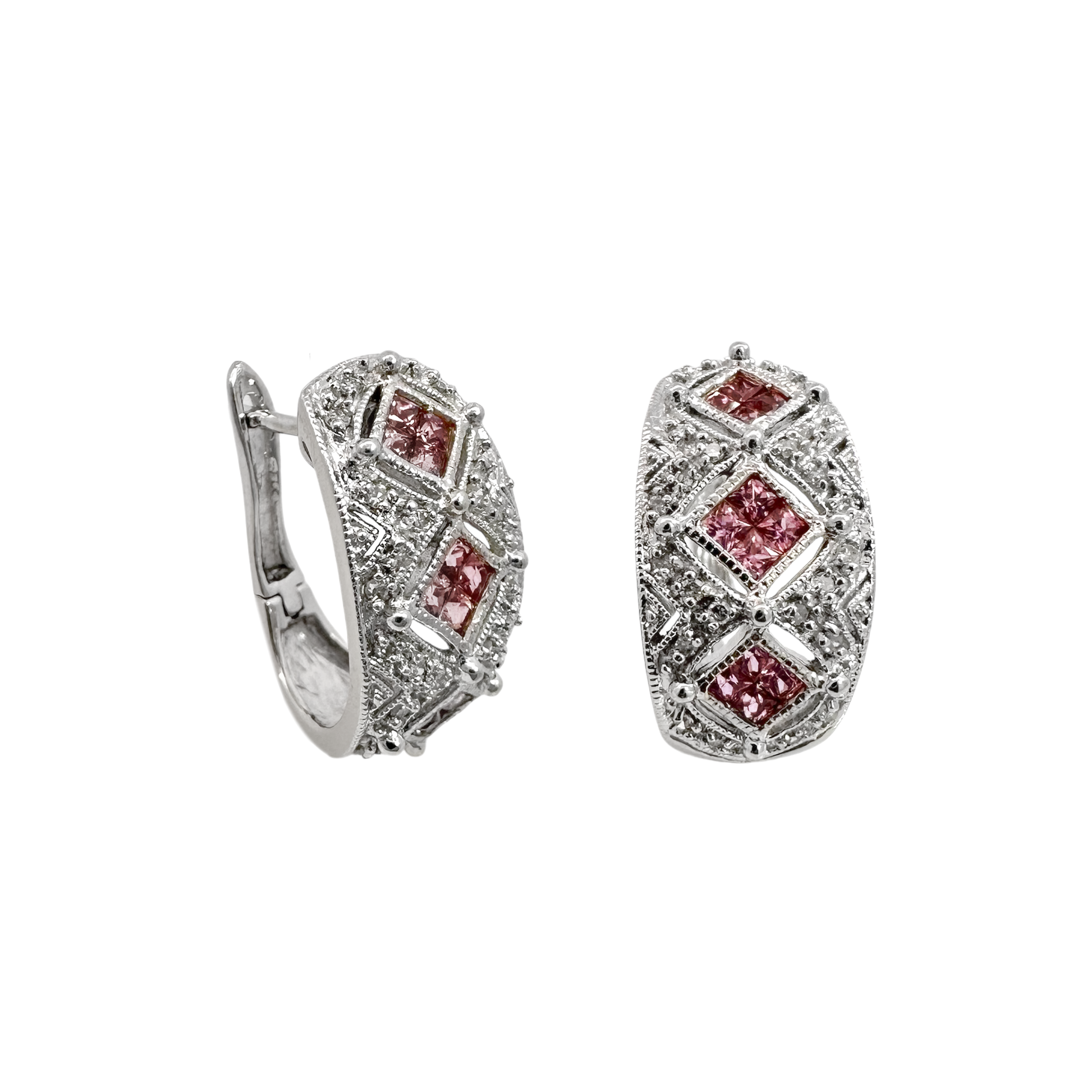 14K White Gold Diamond & Pink Sapphire Huggie Earrings 4.2Dwt