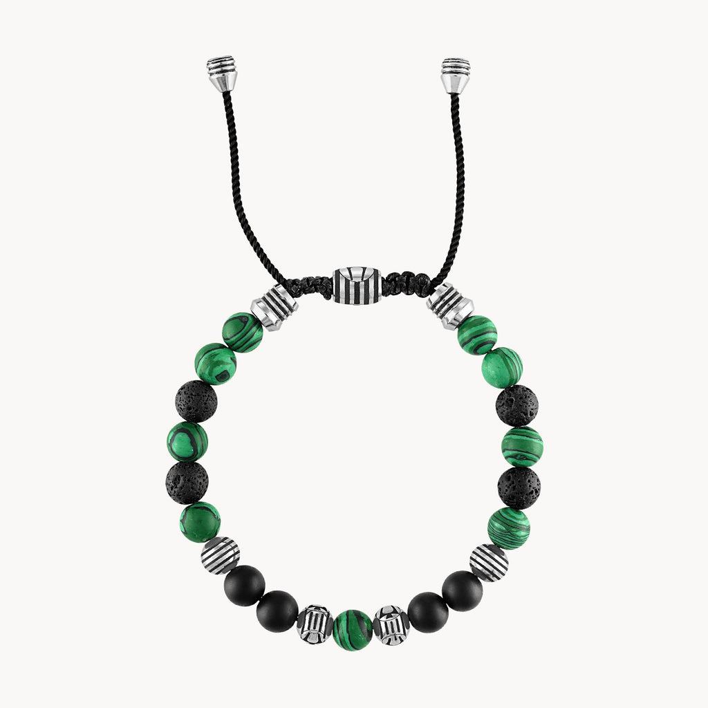 Bulova Classic Bolo Bracelet Stainless Steel With Black Cord W/ Onyx, Malachite & Black Lava Beads (Bvb1072-Nstmalma)