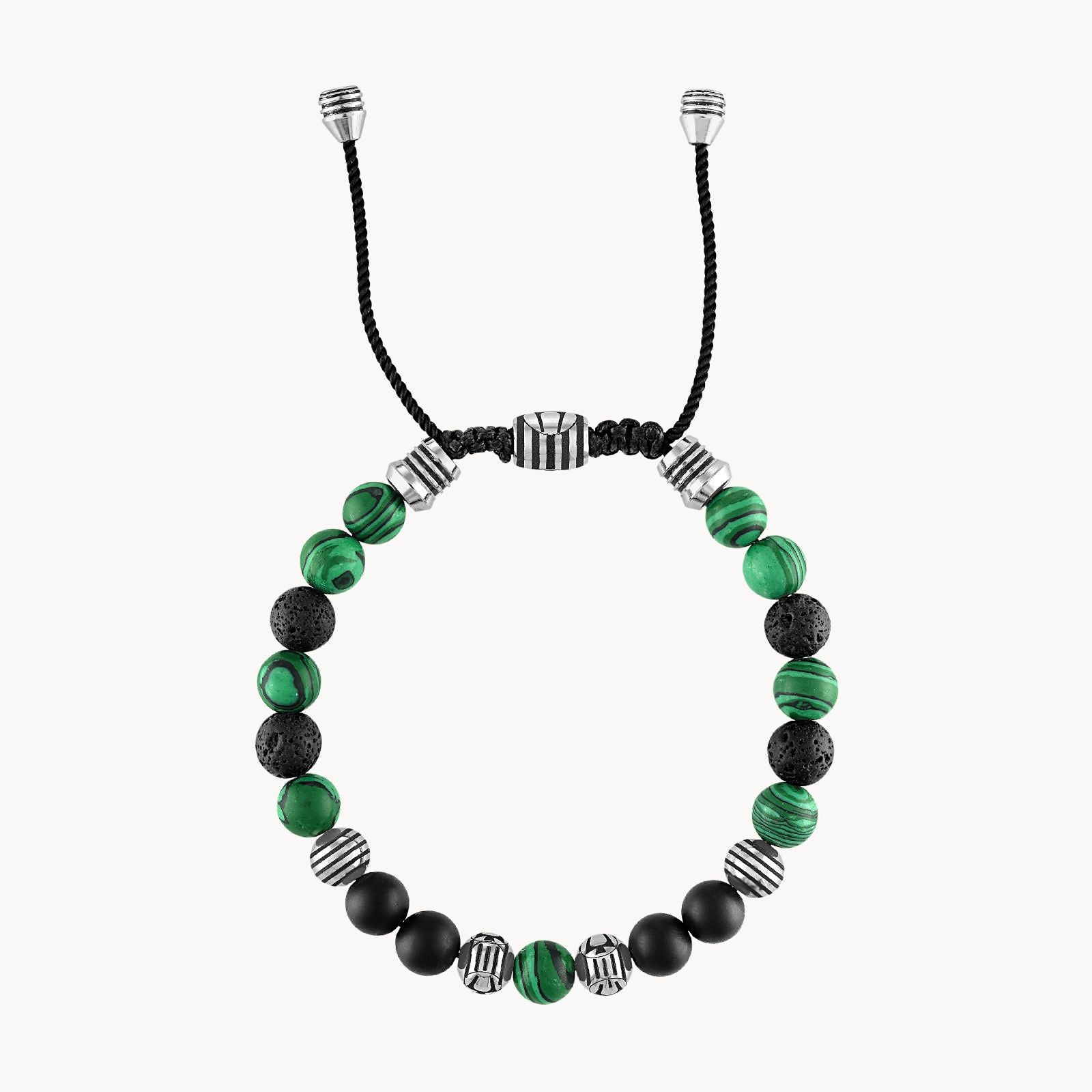 Bulova Classic Bolo Bracelet Stainless Steel With Black Cord W/ Onyx, Malachite & Black Lava Beads (Bvb1072-Nstmalma)