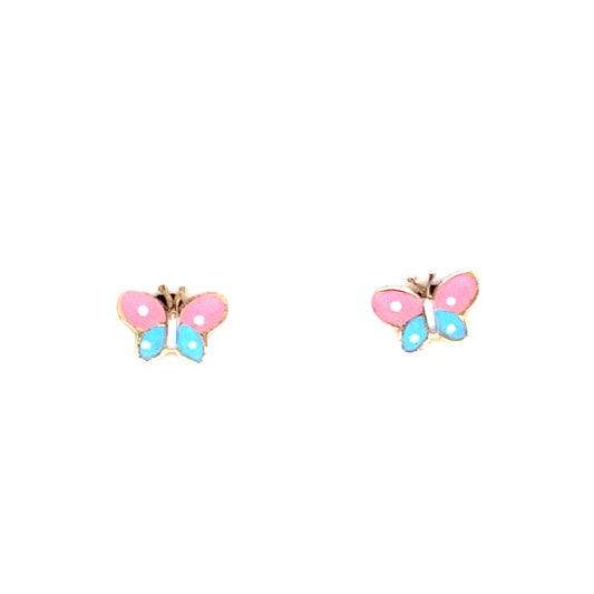 14K Yellow Gold Baby Pink & Blue Butterfly Stud Earrings
