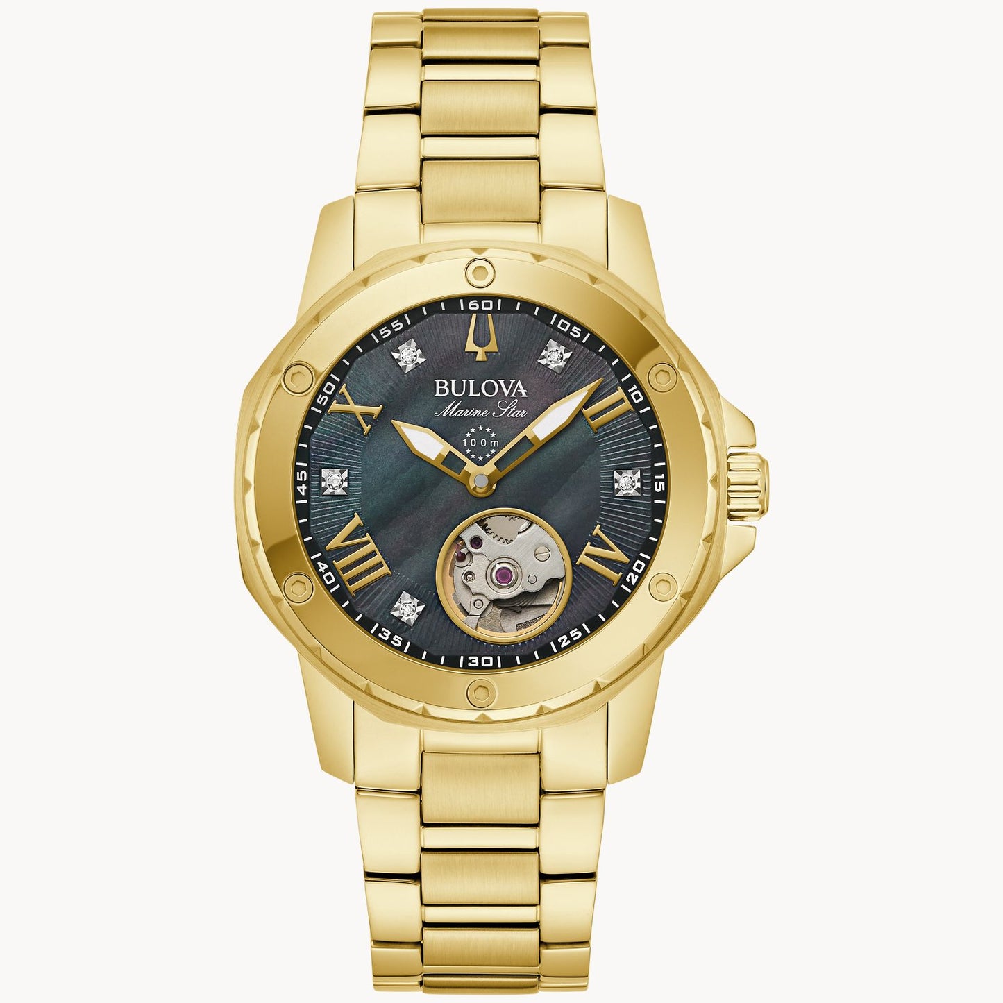 Bulova Marine Star Ladies Watch (97P171) Black Mother Of Pearl Dial Diamond & Roman Numeral Markers