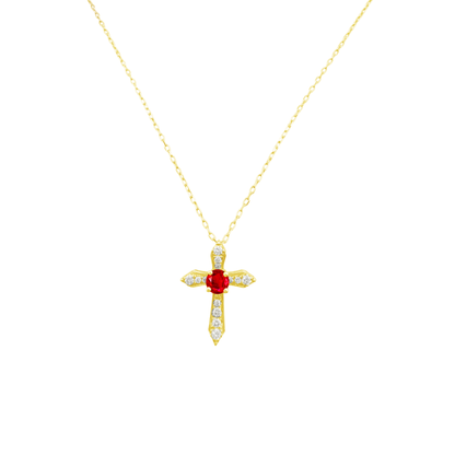 0.09Ct Dia 0.14Ct Ru 14K Yellow Gold Ruby Cross Pendant Necklace 18In 0.9Dwt