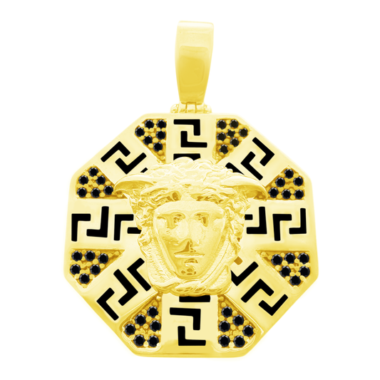 10K Yellow Gold Black Stones Medusa Style Pendant 5.0Dwt