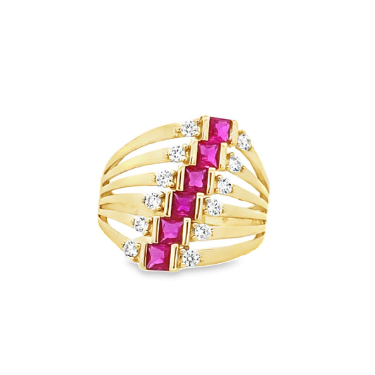 14K Yellow Gold Red & White Stones Fashion Ring Size 8.5 2.7Dwt