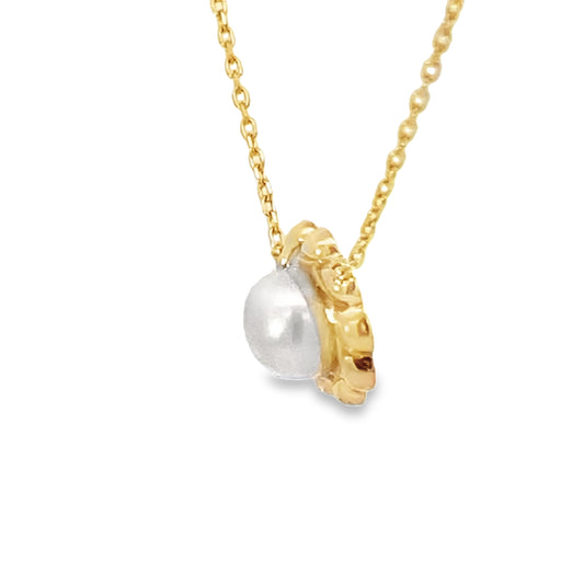 14K Yellow Gold Flower Pearl Pendant Necklace