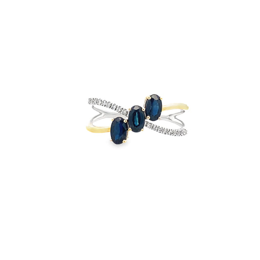 1.07Ctw Saov/0.09Ctw Dird 14K Two Tone Gold Dia & Sapphires Ring Size 7 1.7Dwt