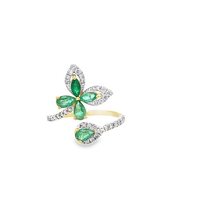0.32Ctw Diamond 1.00Ctw Emerald 14K Yellow Gold Butterfly Ring Size 7 1.8Dwt