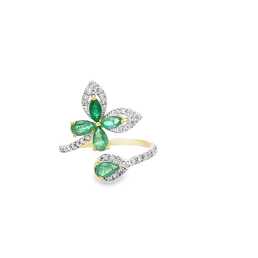 0.32Ctw Diamond 1.00Ctw Emerald 14K Yellow Gold Butterfly Ring Size 7 1.8Dwt