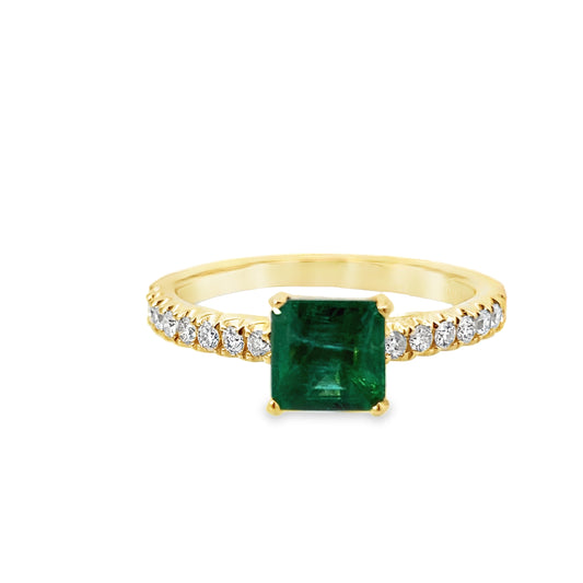 0.26Ctw Diamond 1.12Ctw Emerald 14K Yellow Gold Fashion Ring Size 7 1.8Dwt