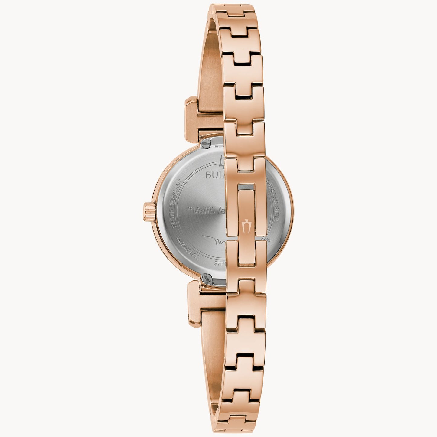 Bulova Ladies Marc Anthony Bangle Watch (97P163) Rose Gold Tone Black Metalized Crystal Dial Diamond Markers