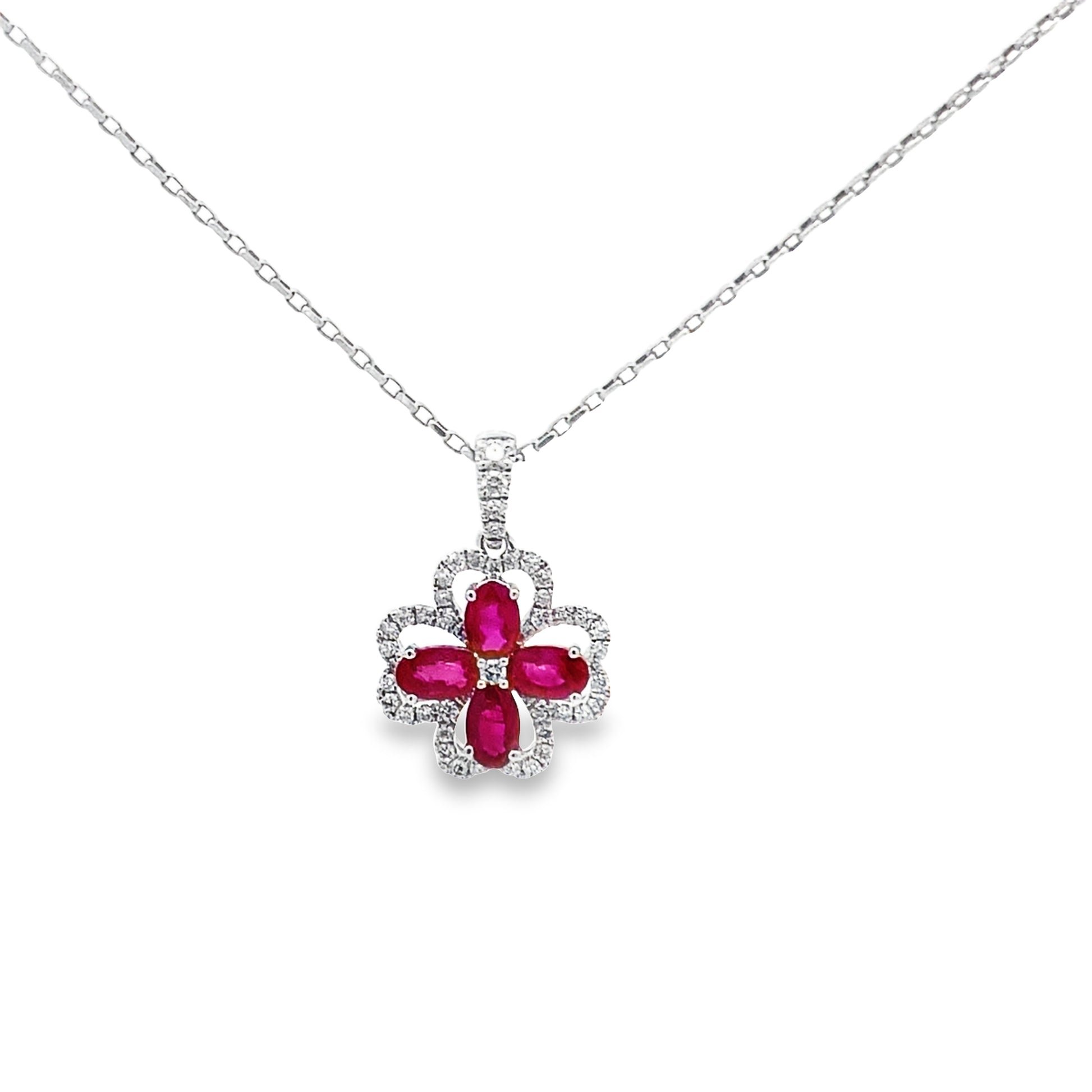 0.31Ctw Dia 1.47Ctw Ruby 14K White Gold Four Leaf Clover Pendant