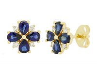 0.11Ctw Diamond 1.25Ctw Sapphire 14K Yellow Gold Flower Stud Earrings