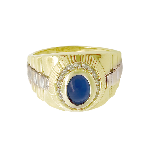 10K Two Tone Gold Cz & Blue Stone Fashion Mens Ring Size 11 4.8Dwt